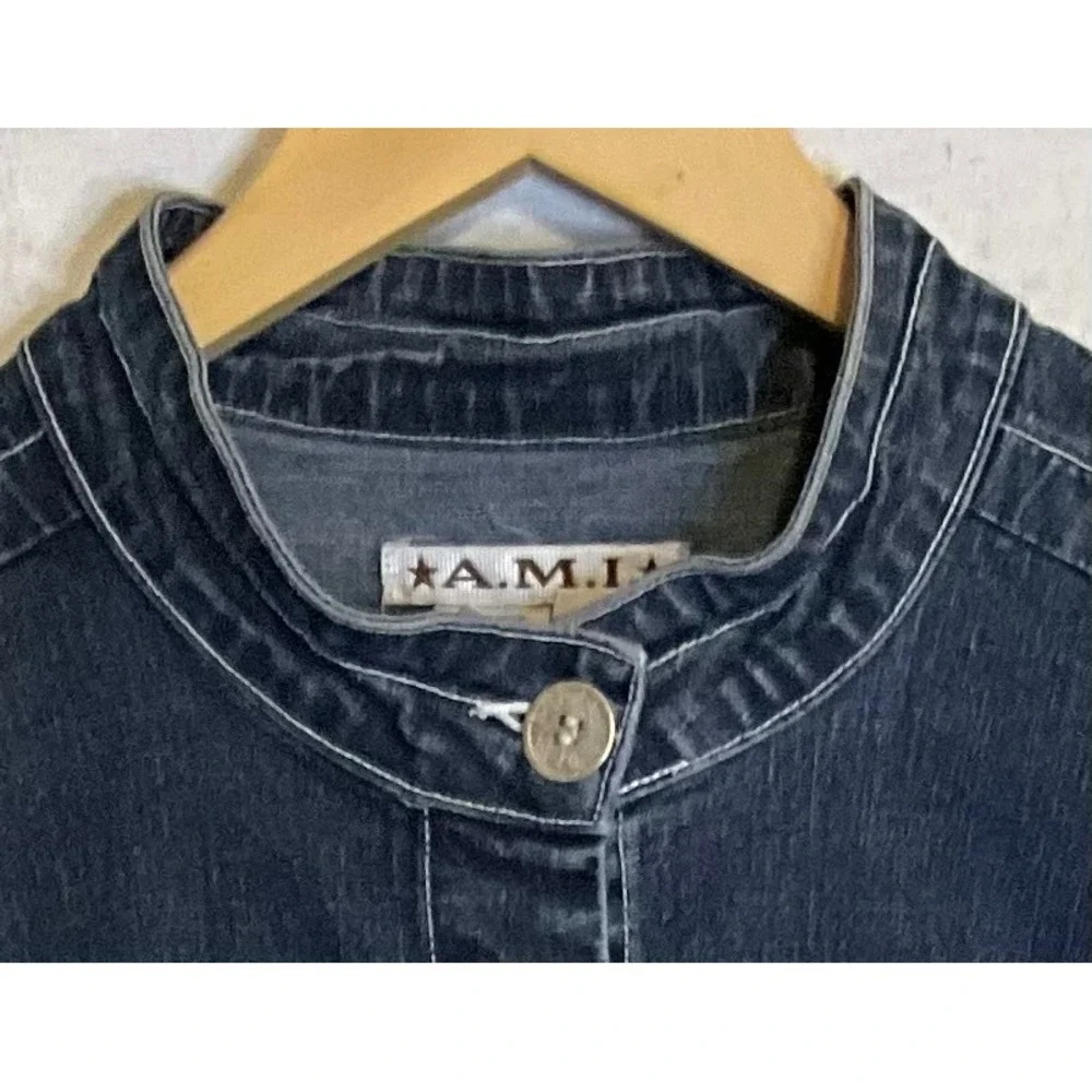 A.M.I. Denim Jacket Women's XL Blue Button Front Collarless Long‎ Sleeve